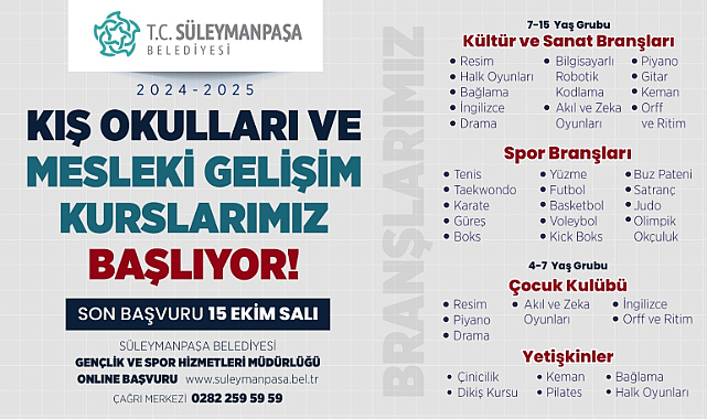 Süleymanpaşa Belediyesi Kış Okulları ve Mesleki Gelişim Kursları Başlıyor